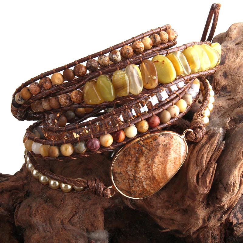 Thumbnail: Fashion Bohemian Jewelry Mixed Natural Stones Charm 5 Strands Wrap Bracelets