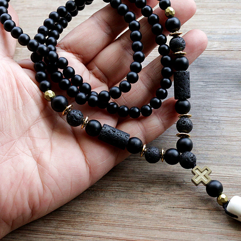 Thumbnail:  Black Lava Stones Bead with Hematite cross charm pendant Necklace