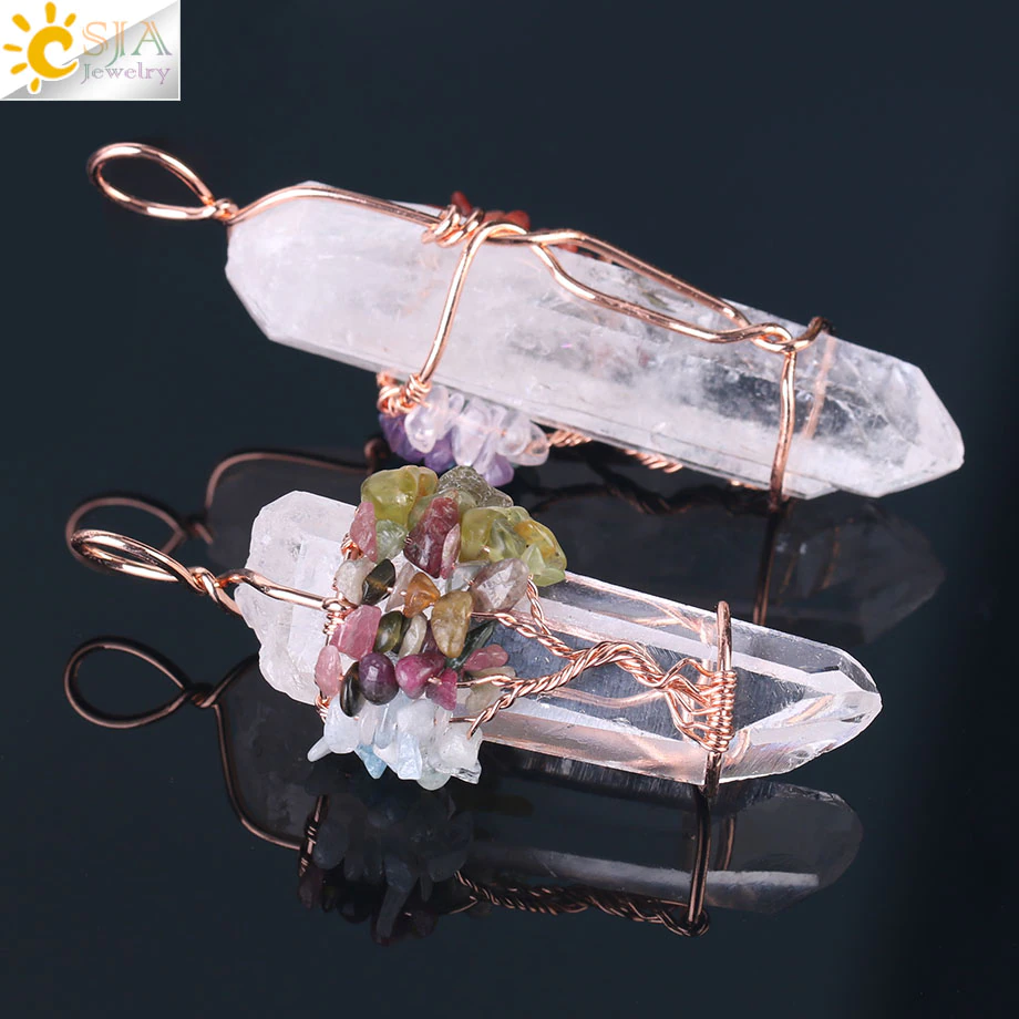 Thumbnail: Natural Clear Quartz Crystal Handmade Wired Rose Gold Color Tree of Life Pendant