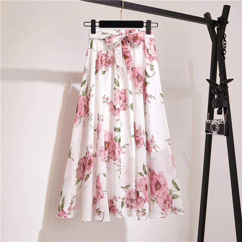 Thumbnail: Long Skirt Women Spring Summer Korean Fashion White Black Floral Print