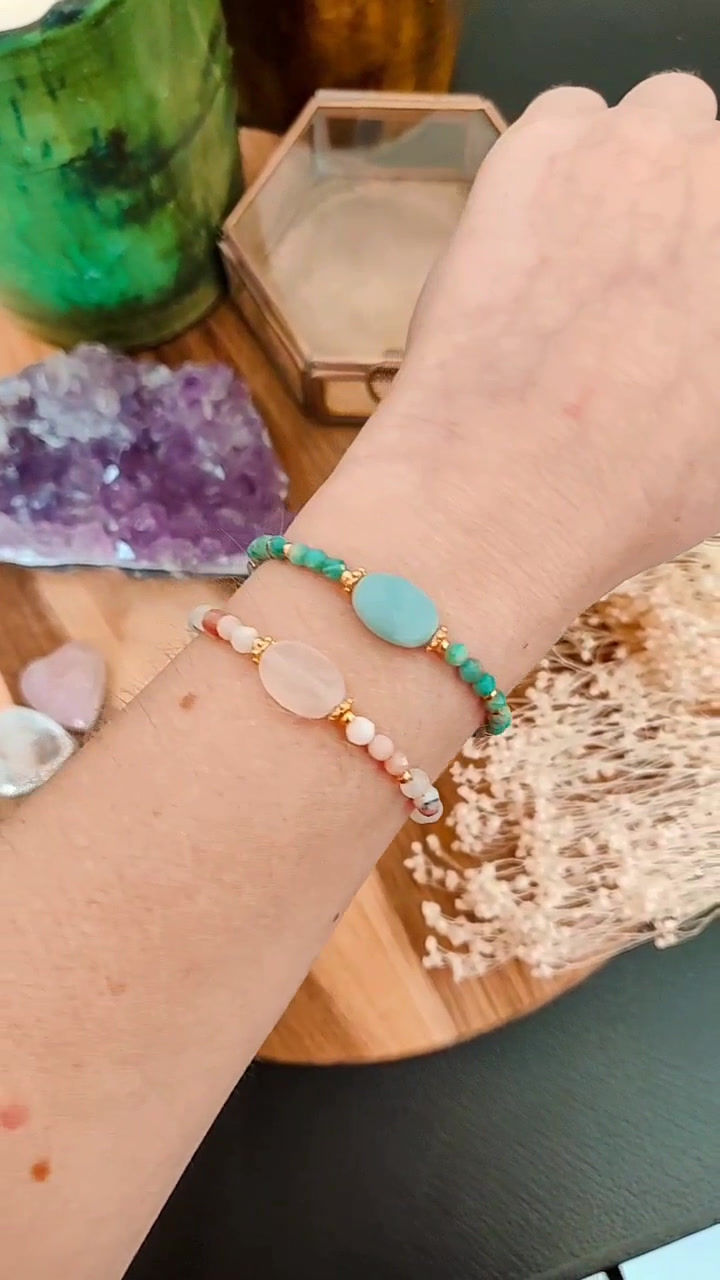 Miniature : Bracelet quartz rose et opale ou amazonite verte en pierres naturelles
