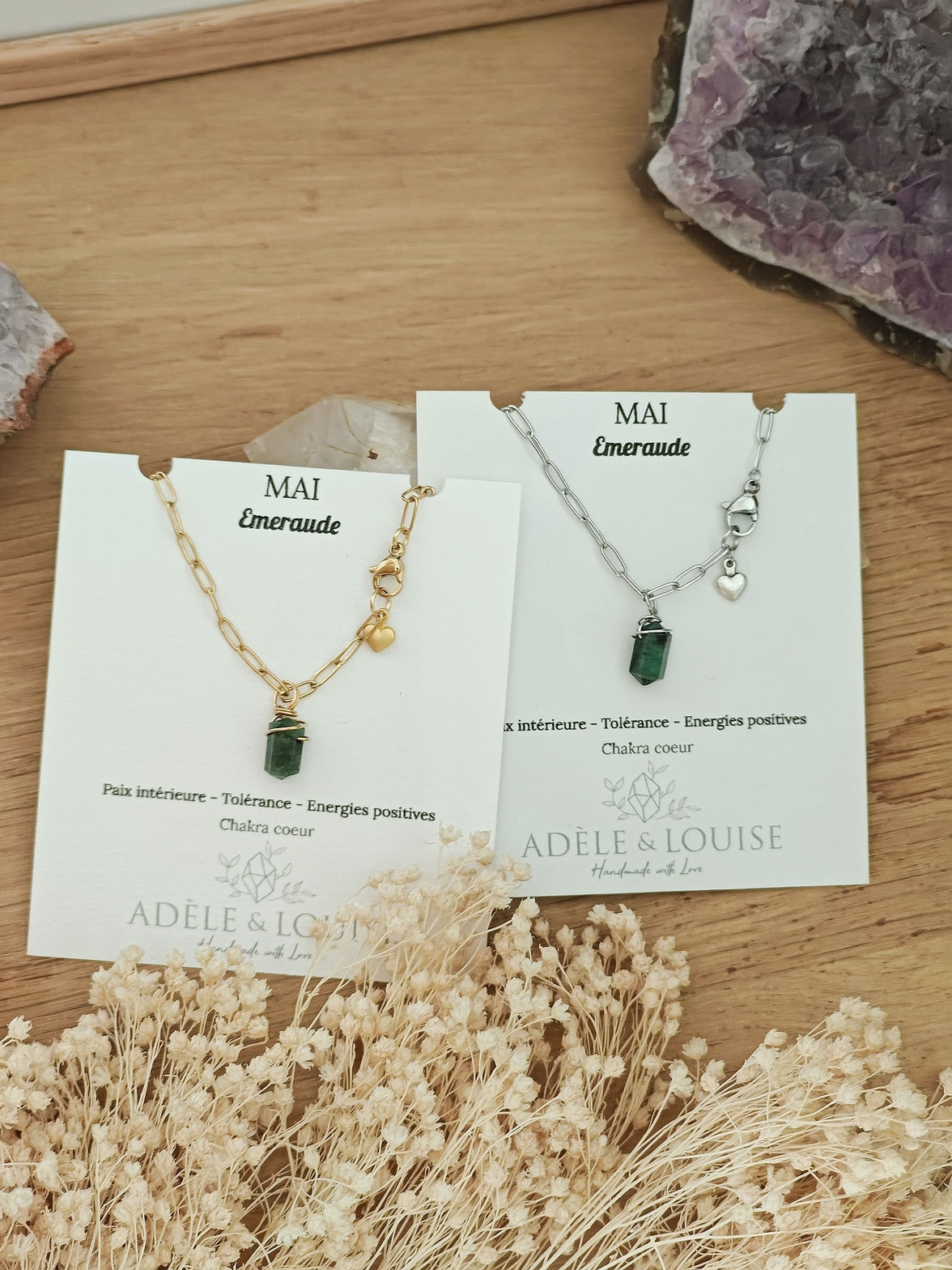 collier acier inoxydable pierre de naissance mais émeraude