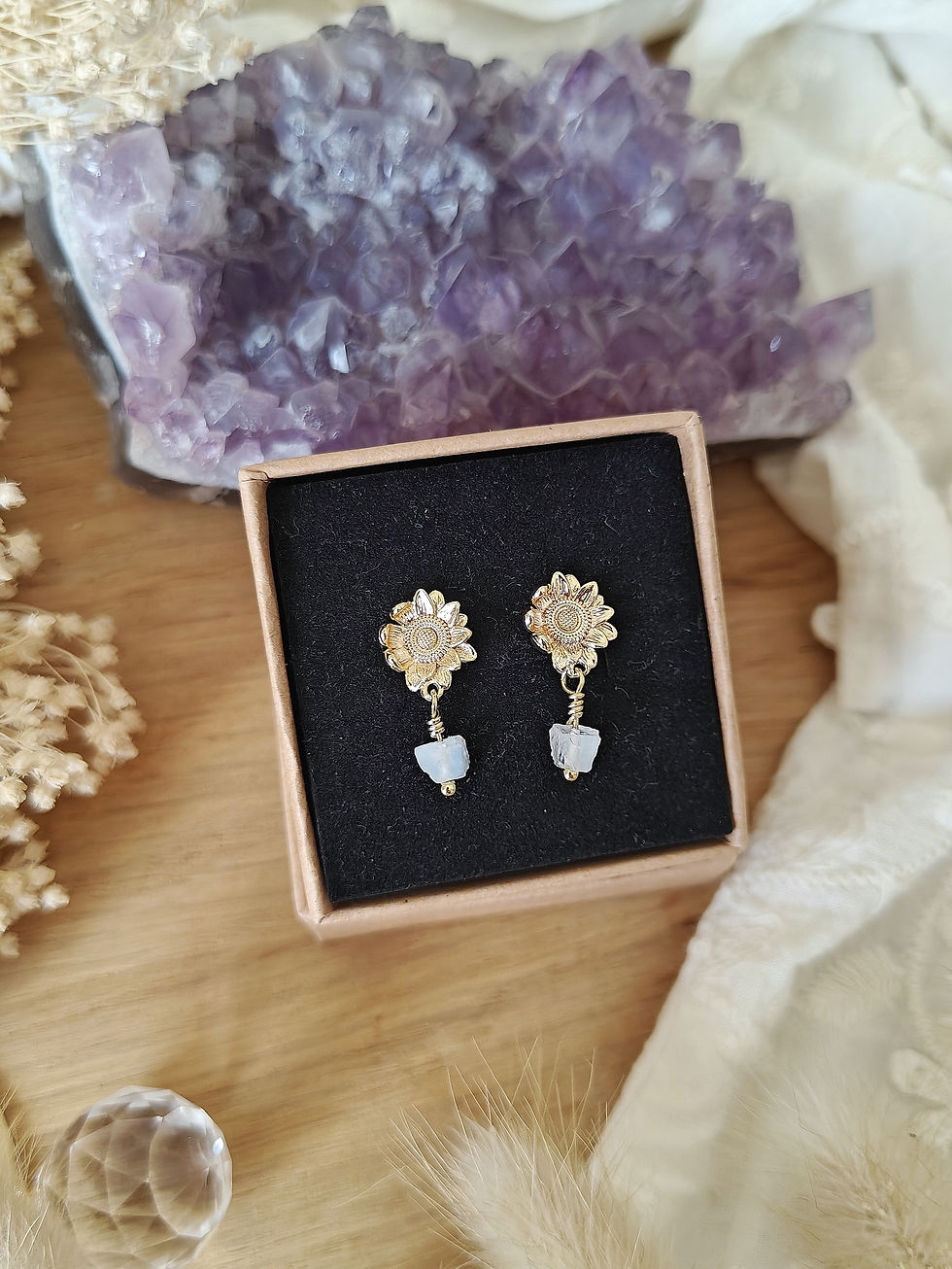 Miniature : Boucles d’oreilles tournesol pierre de naissance juin pierre de lune