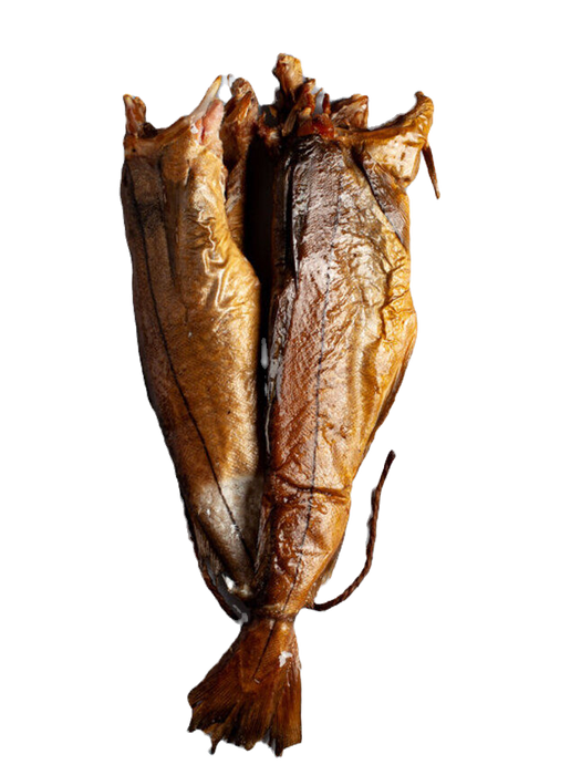 Smoked fish tied together, with a dark background. whitefish smoked fish shellfish