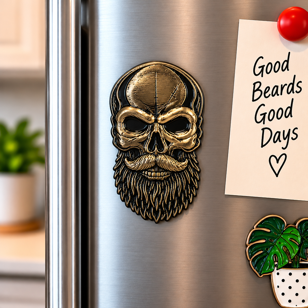 Thumbnail: Beard Skull Fridge Magnet displayed on a refrigerator