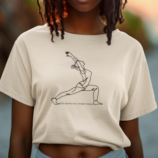 A woman wearing a crop tee that says "but have you tried yoga"