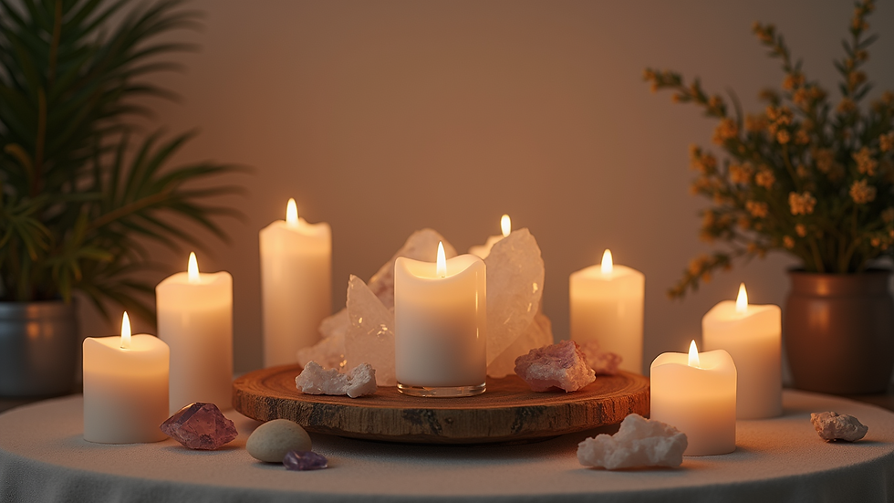 Eye-level view of a beautifully arranged altar with candles and crystals