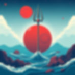 Eye-level view of a bright red Aries ram statue against a starry night sky