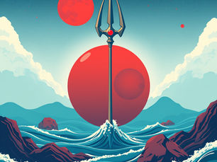 a trident coming out of the sea in front of a red planet