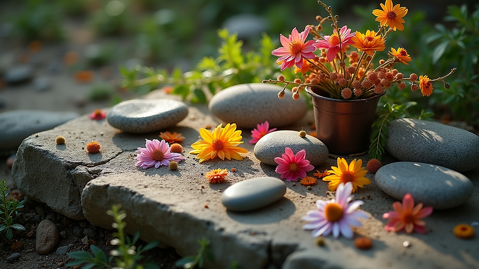 High angle view of a nature altar with seasonal flowers and stones