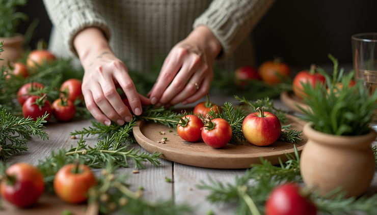 Close-up view of hands arranging fresh flowers and herbs on a festive table