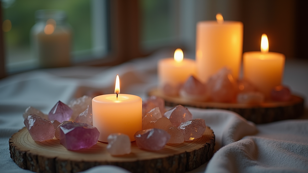 Close-up view of a small personal altar with crystals and candles