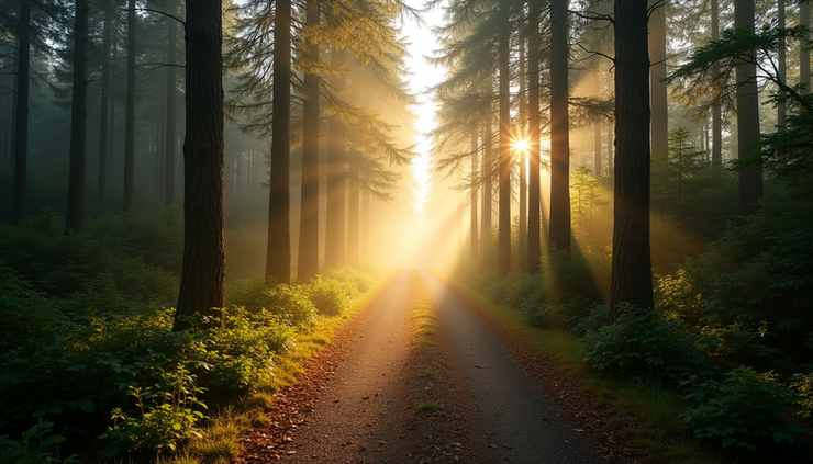 High angle view of a quiet forest path bathed in soft morning light