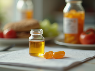 A medication vial with two pills next to it