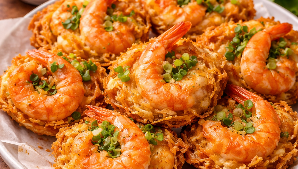 Prepare batter, soak yam, season shrimp, combine and fry