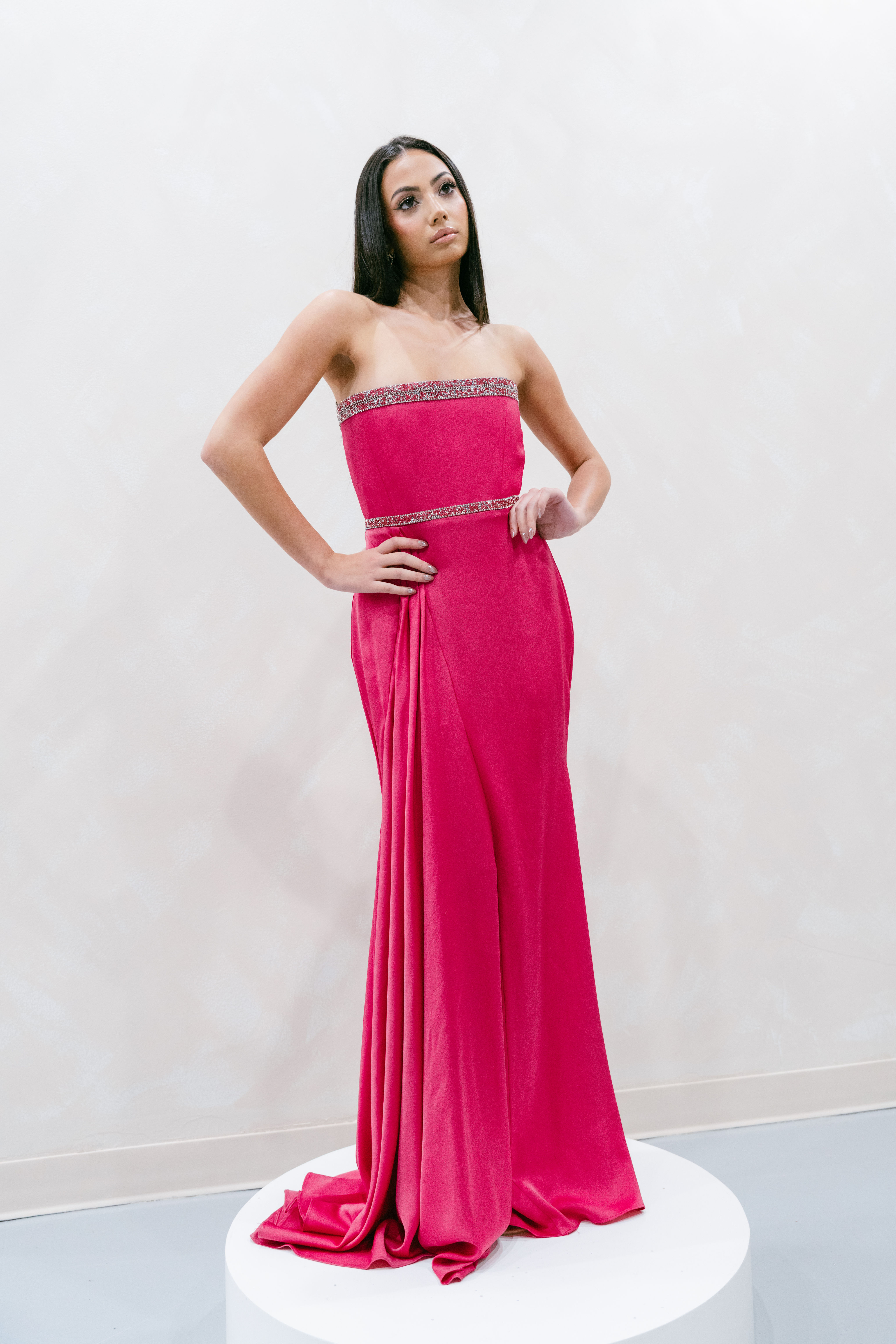 Alex Perry Strapless Gathered Drape Gown in Satin Crepe