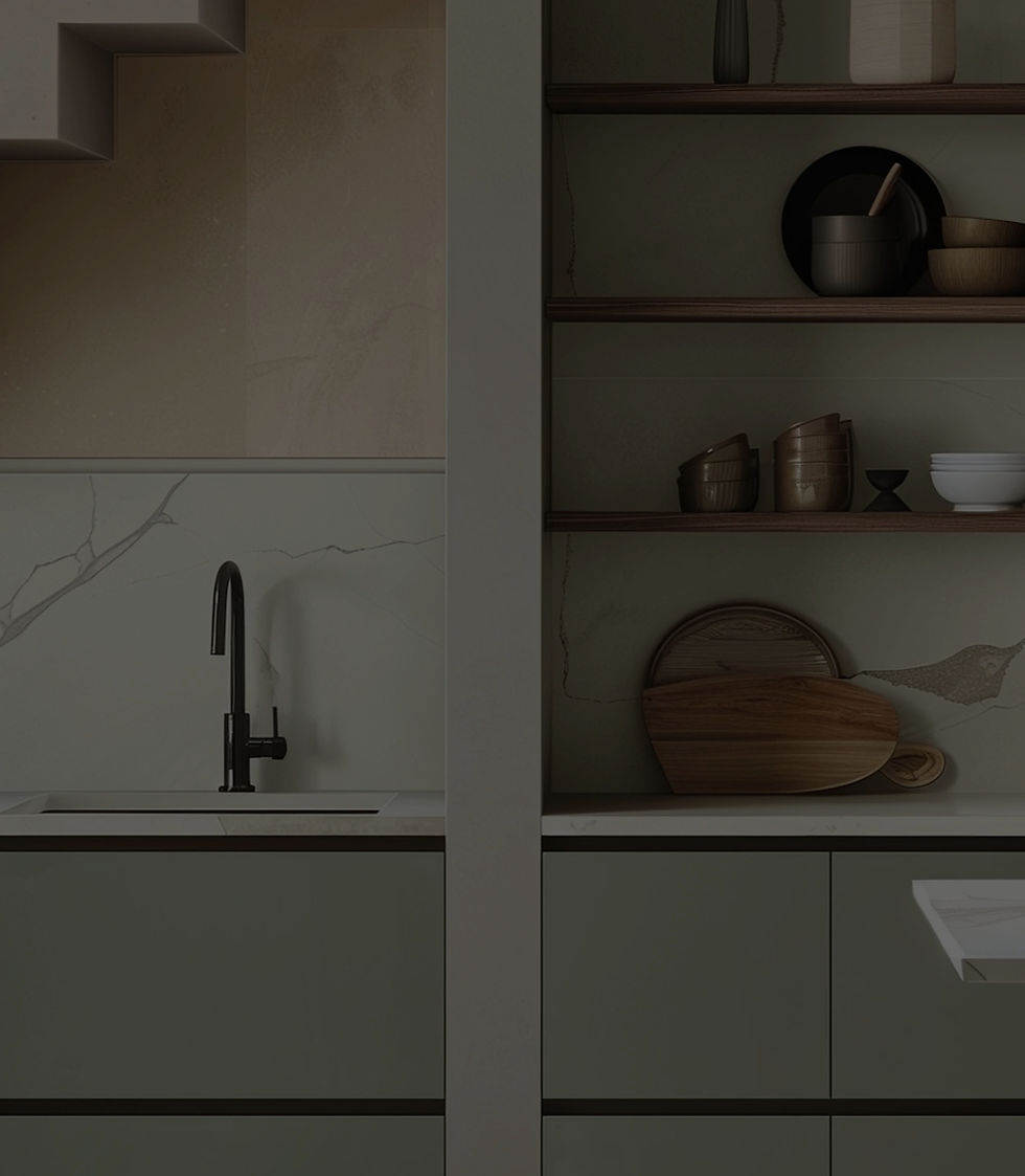 Cuisine moderne avec évier, robinet noir et étagères murales