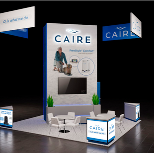 3D rendering of CAIRE’s custom trade show booth with a 19-foot tower, hanging L-shaped signage, branded counters, and seating area.