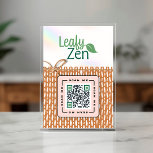 Leafy Zen countertop QR code display card with logo, woven pattern design, and scan code on a marble surface.