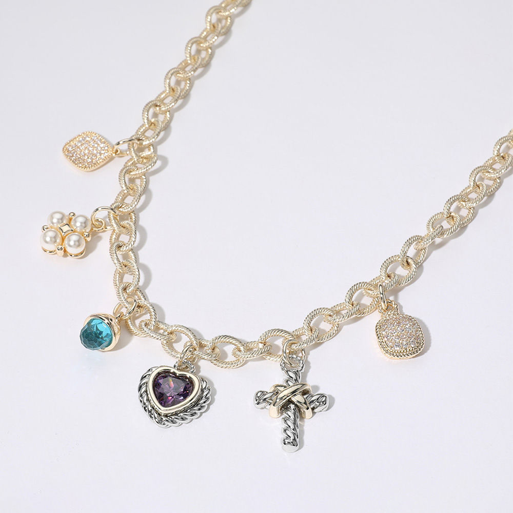 Isa Gold Heart Stone Pearl Cross Necklace