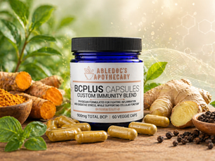 BCPlus Immunity Blend capsule bottle with loose capsules.
