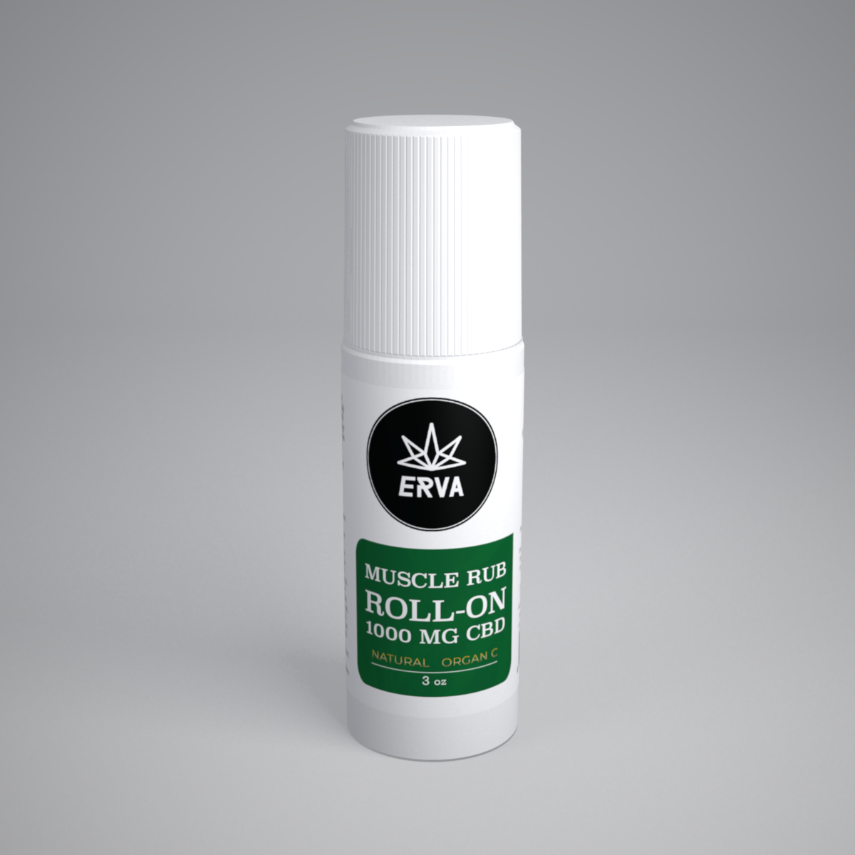 CBD Muscle Rub Roll-on full-spectrum topical relief for active recovery in white bottle with green label