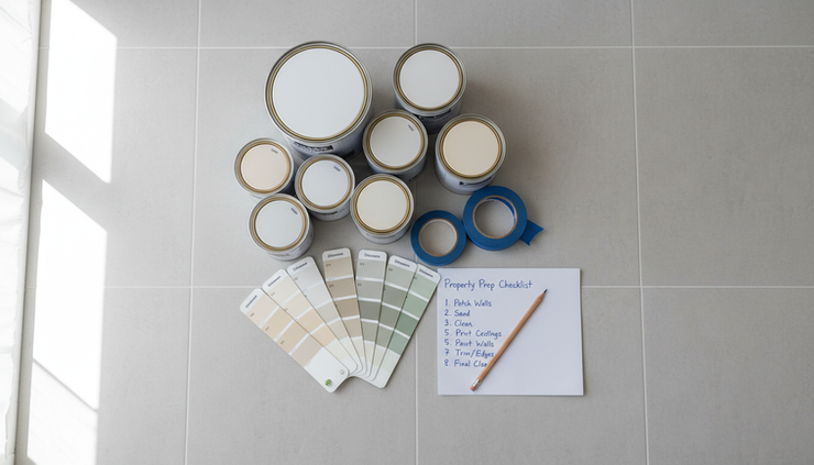 Overhead view of paint tins, sample cards and a written property preparation checklist on a floor