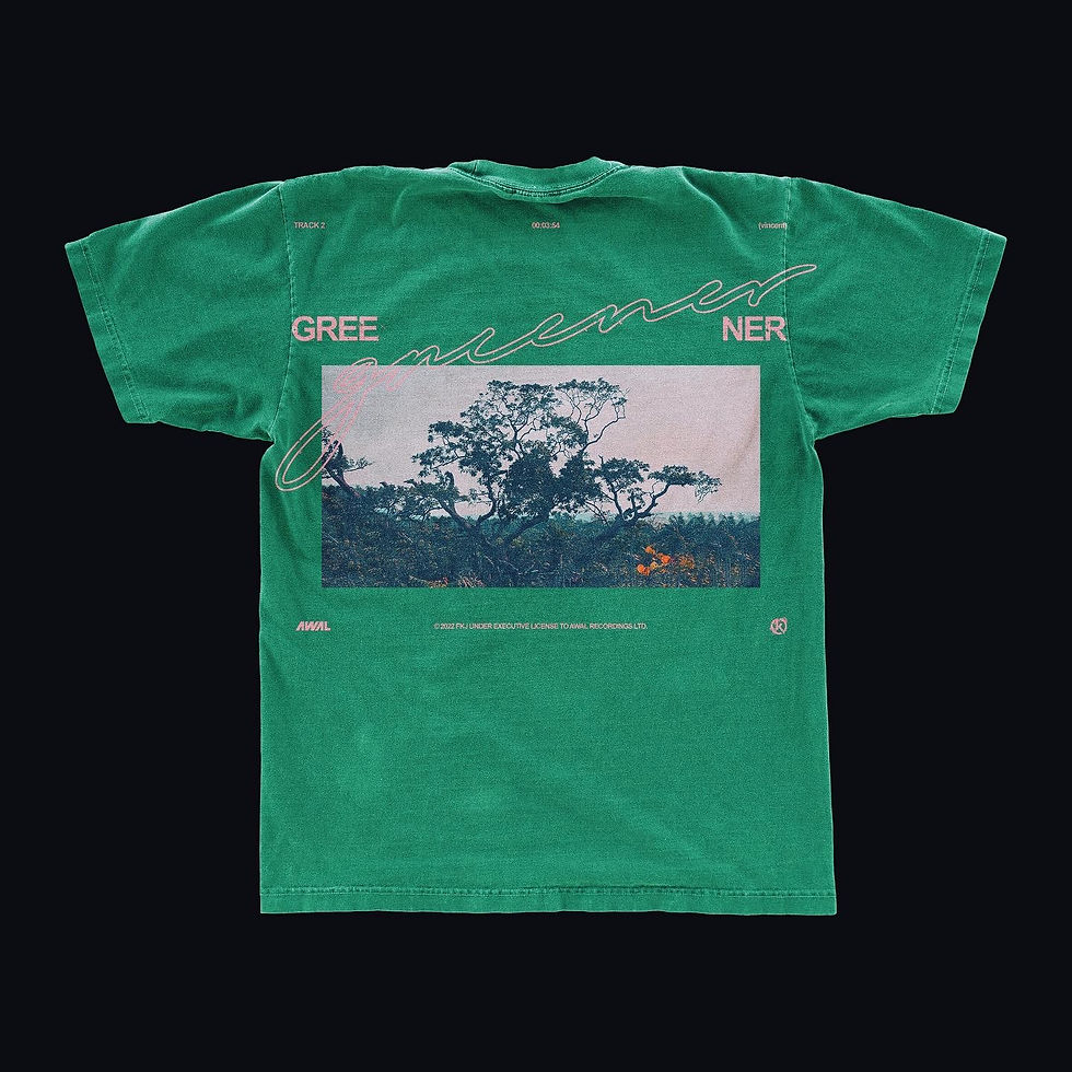 A green t-shirt with upper back print design
