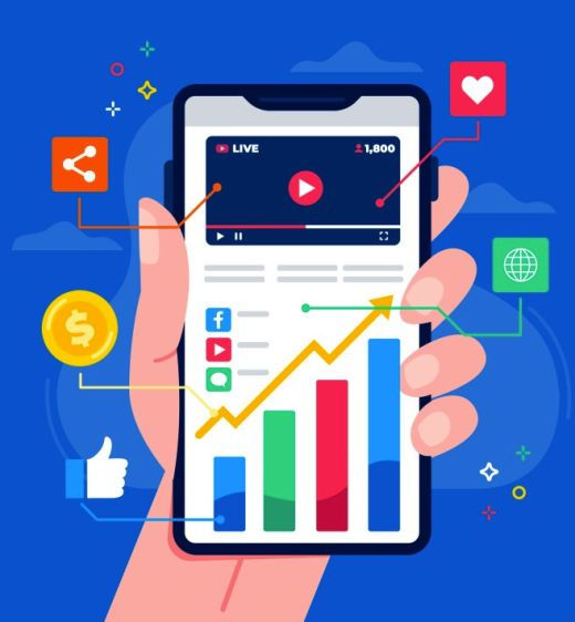 A dynamic illustration of a smartphone displaying live streaming, social media icons, and analytics, symbolizing digital engagement and online growth.