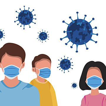 People wearing masks amid floating virus illustrations, symbolizing public health measures during a pandemic.