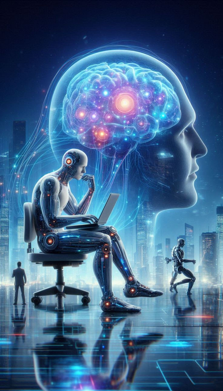 In a futuristic cityscape, an android deep in thought interacts with a laptop, symbolizing the merging of artificial intelligence and human cognition. A luminous depiction of a brain floats above, highlighting the theme of advanced technology.
