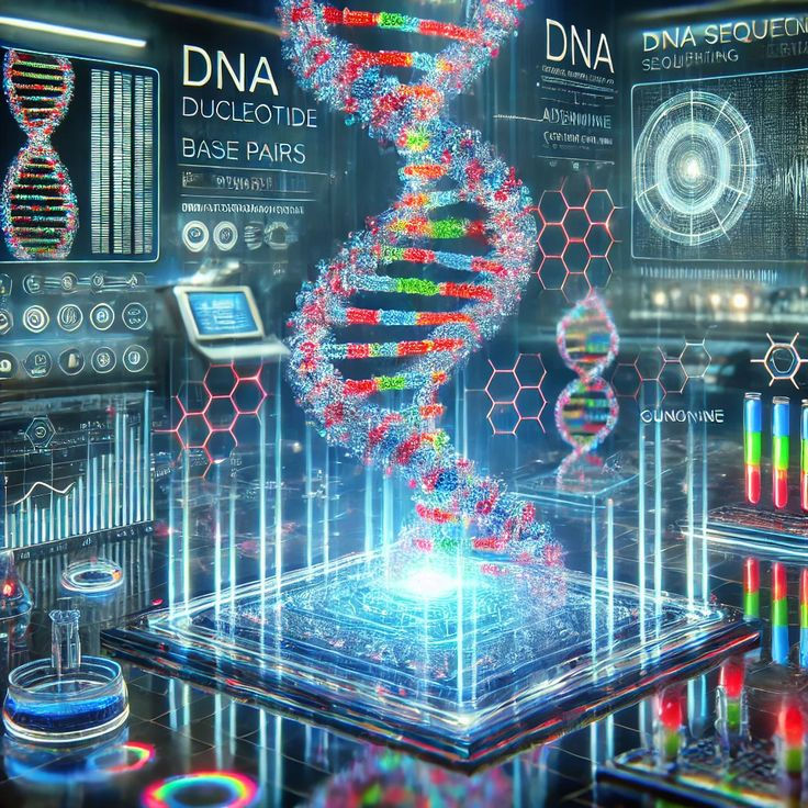 A futuristic laboratory visualizing DNA sequencing technology, featuring a glowing 3D helix surrounded by digital data displays and scientific equipment.