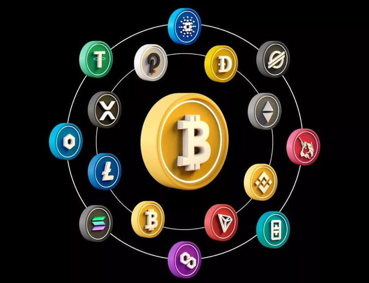 A 3D representation of various cryptocurrency logos, with Bitcoin prominently featured at the center, surrounded by other popular digital currencies, illustrating the diverse and interconnected world of blockchain technology.