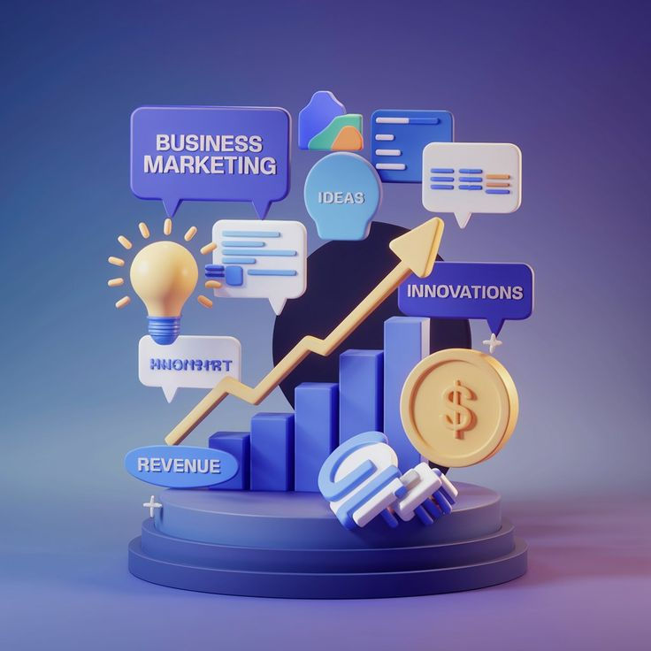 3D illustration showcasing key elements of business marketing, including innovation, ideas, and revenue growth, symbolized by a bar chart, light bulb, and upward arrow.