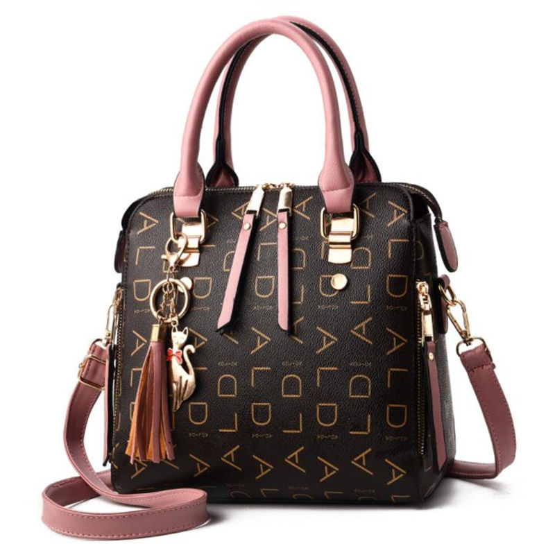 Thumbnail: Fashion English Letter Handbag Women PU Leather Tassel Top-handle Bag Luxury Sho