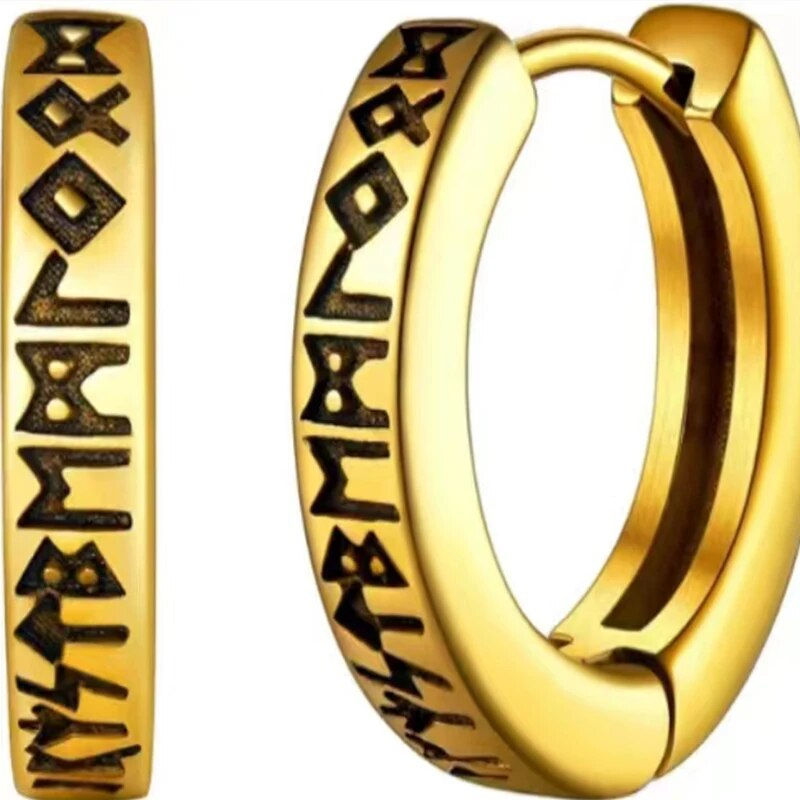 Thumbnail: Stainless Steel Norwegian Viking Rune Hoop Earrings For Men Woman Unisex 12 Mm H