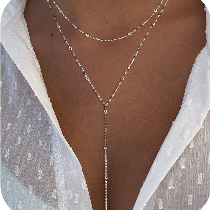 Thumbnail: Gold Plated Lariat Necklace for Women, Double Laryered Long Chain Drop Pendant C