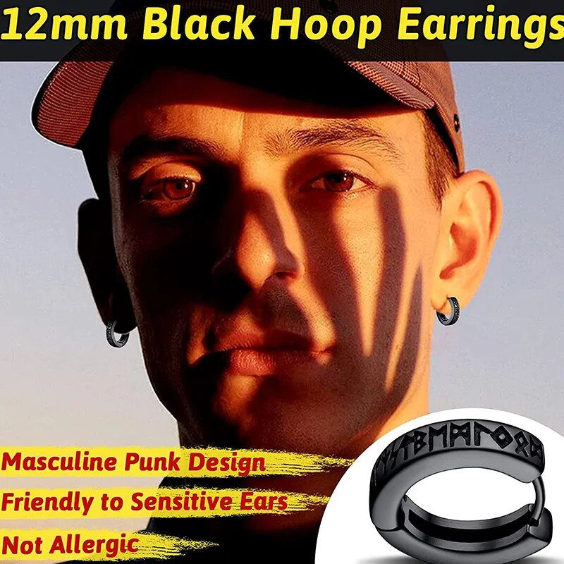 Thumbnail: Stainless Steel Norwegian Viking Rune Hoop Earrings For Men Woman Unisex 12 Mm H