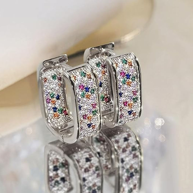 Thumbnail: Huitan Korean Fashion Paved CZ Hoop Earrings for Women Metal Silver Color/Gold C