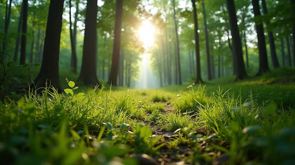 Eye-level view of a lush green forest with sunlight filtering through the trees
