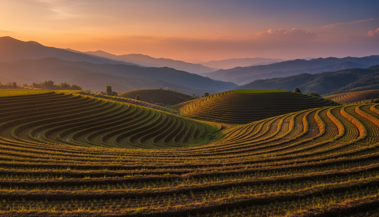 Eye-level view of terraced farmland under late afternoon sunlight