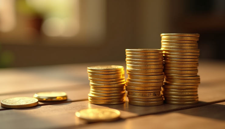 Close-up view of gold coins stacked on a wooden table
