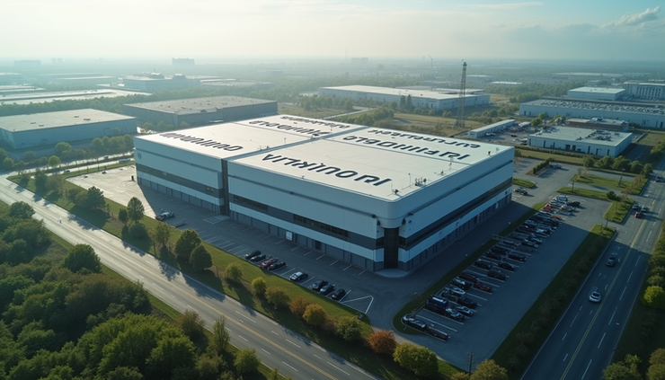 Luchtfoto van het ASML-gebouw in Eindhoven, met zicht op het industrieterrein