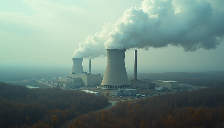 Luchtfoto van een energiecentrale die gas gebruikt, met rookpluimen en omliggende natuur