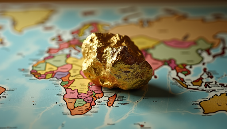 High angle view of a gold nugget resting on a world map