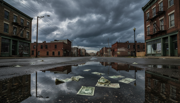 Low-angle view of storm clouds over a silent city street with paper money caught in a puddle