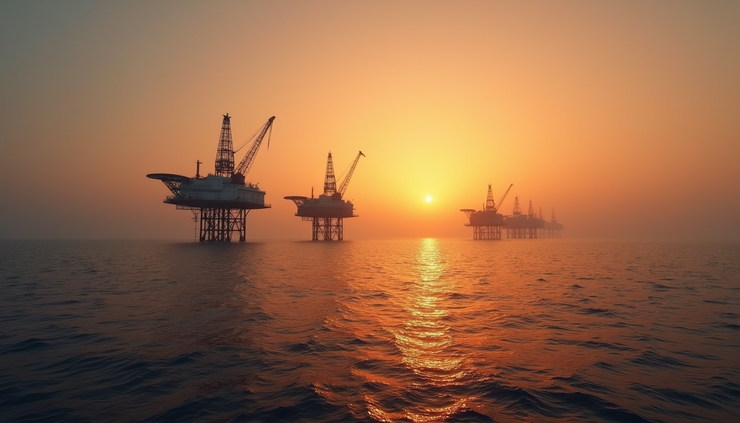 Eye-level view of oil rigs at sunset on the Persian Gulf coast