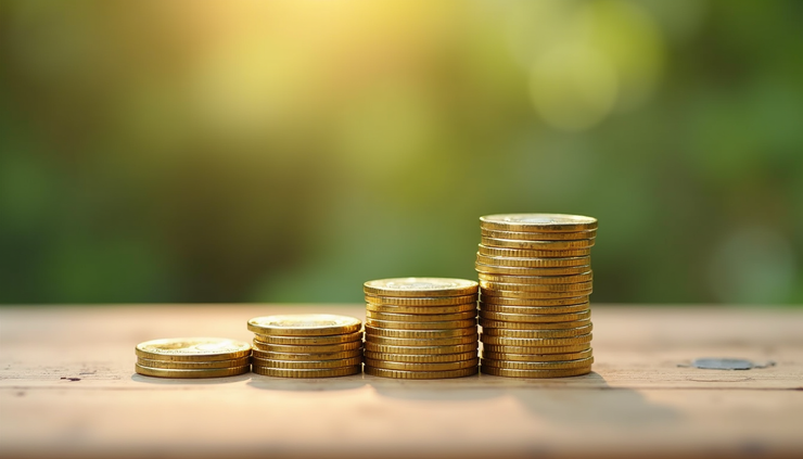 Eye-level view of gold coins stacked on a wooden surface with a blurred background