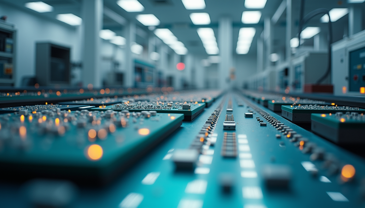 High angle view of ASML semiconductor manufacturing equipment in a cleanroom