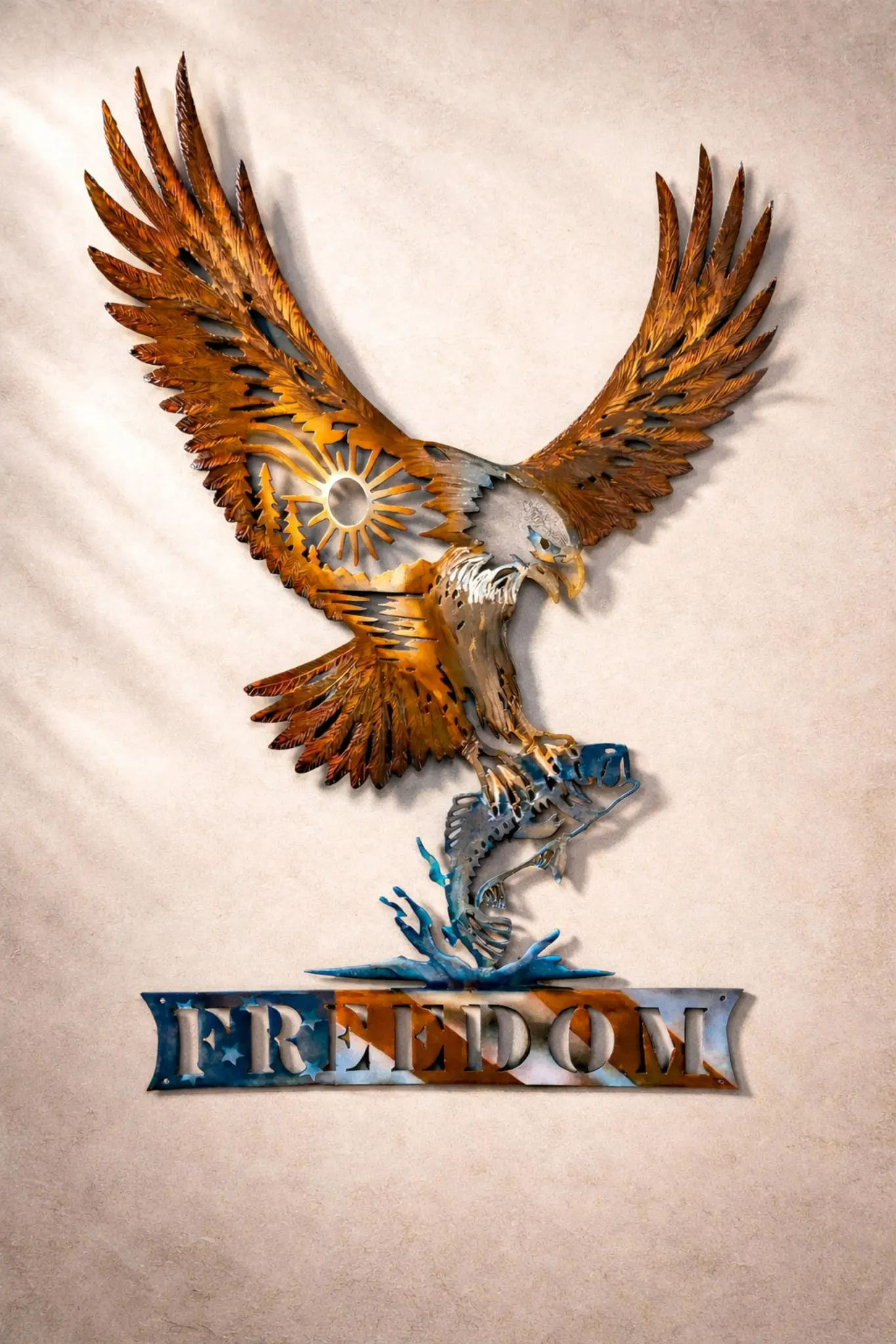 Freedom Eagle Metal Wall Art | American Bald Eagle with Fish Decor